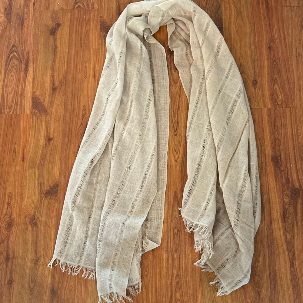 NWOT Churchill handwoven ivory beige scarf with fringe wrap open weave